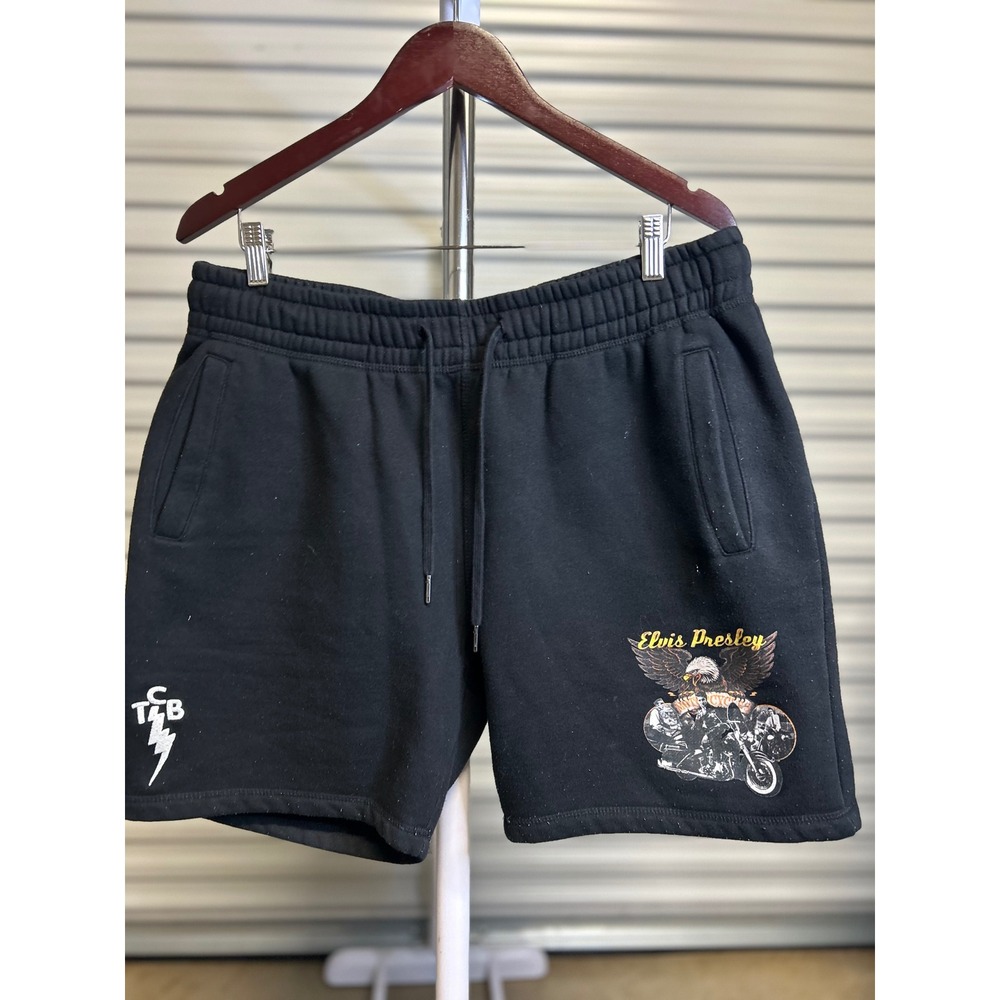 Shoe Palace Shorts Mens XL Black Elvis Presley TCB Sweat Shorts Eagle Graphic